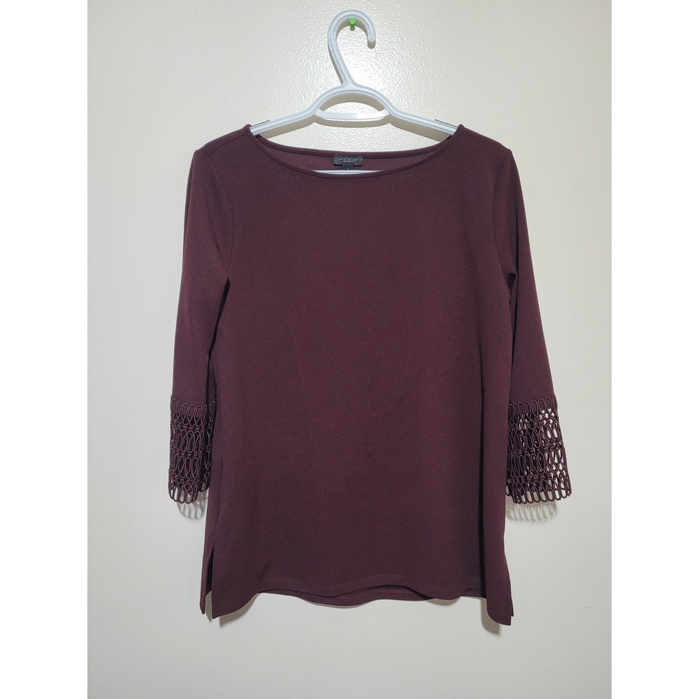 Ann Taylor Factory Top Women Small Burgundy Crochet Cuff‎ Boat Neck 3/4 Sleeve
